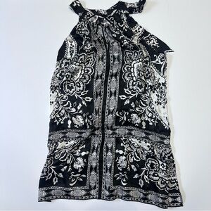 White House Black Market Silk Halter Top Black White Floral Paisley Print Size L